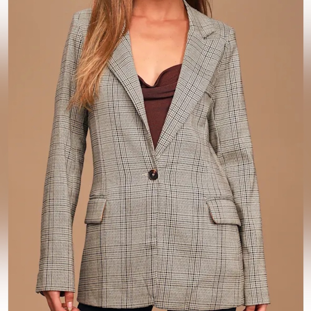 Lulus Making Headlines Beige Multi Plaid Blazer size XS